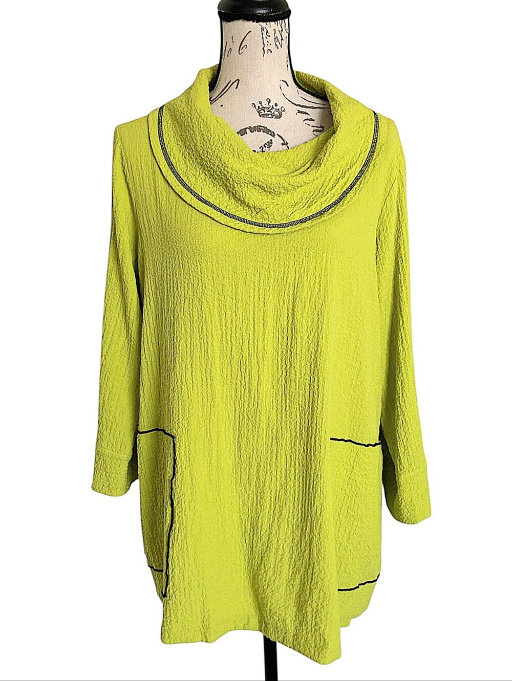 Ali Miles Chartreuse Cowl Neck Crinkle Tunic Top M Pocket Artsy Lagenlook